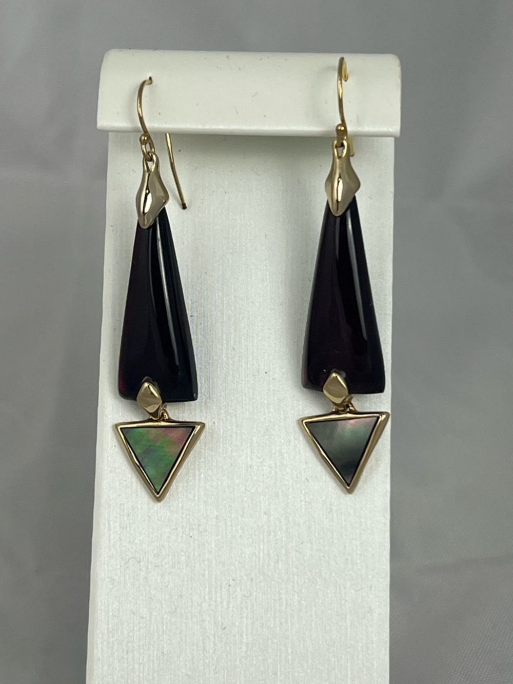 Alexis‎ Bittar Black Lucite Abalone Triangle Drop Earrings Gold Tone Modernist